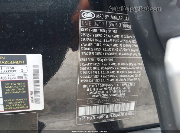 SALGW3FE6HA347803 2017 LAND ROVER RANGE ROVER Gray Widok komory silnika