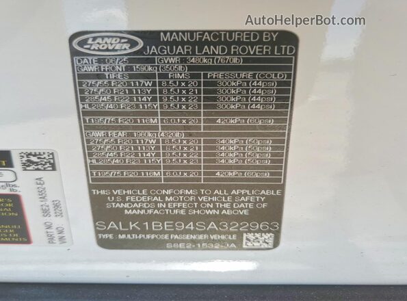 SALK1BE94SA322963 2025 LAND ROVER RANGE Белый Вид наклейки с VIN-кодом