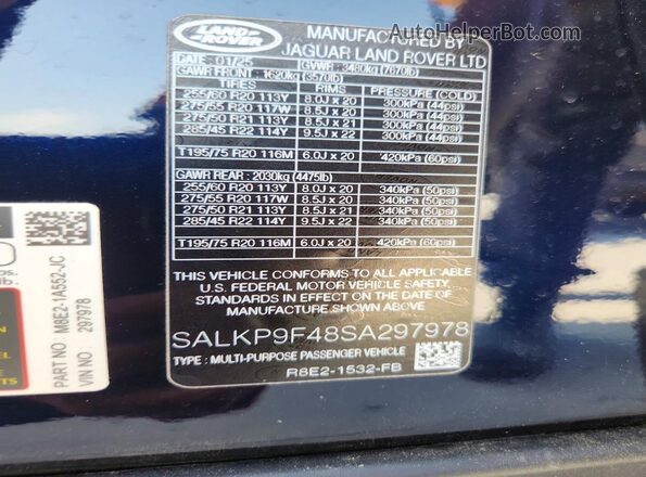 SALKP9F48SA297978 2025 LAND ROVER RANGE Blue Vista interior de 360 grados