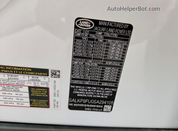 SALKP9FU0SA294105 2025 LAND ROVER RANGE Белый Панорамный вид салона 360°