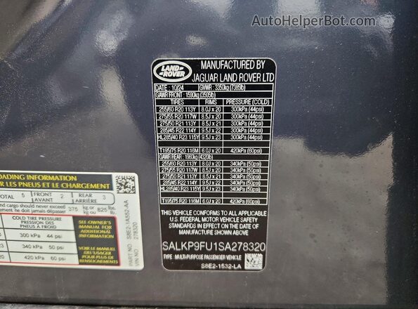 SALKP9FU1SA278320 2025 LAND ROVER RANGE Blue Vista de la etiqueta del VIN