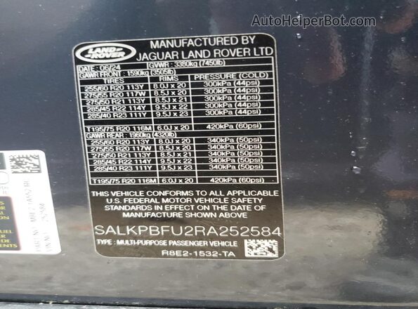 SALKPBFU2RA252584 2024 LAND ROVER RANGE Серый Вид наклейки с VIN-кодом