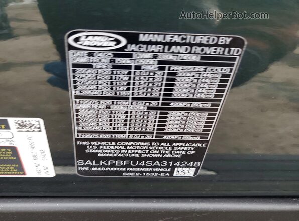 SALKPBFU4SA314248 2025 LAND ROVER RANGE Зеленый Вид наклейки с VIN-кодом