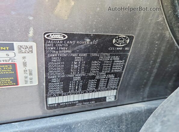 SALRG2RKXKA086927 2019 LAND ROVER DISCOVERY Серый Вид наклейки с VIN-кодом