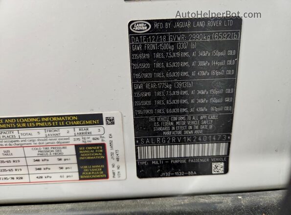 SALRG2RV1K2401473 2019 LAND ROVER DISCOVERY Белый Вид наклейки с VIN-кодом