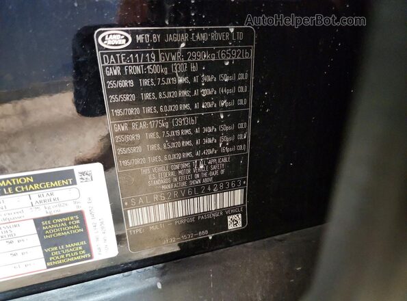 SALRG2RV6L2428363 2020 LAND ROVER DISCOVERY Black Widok naklejki z numerem VIN