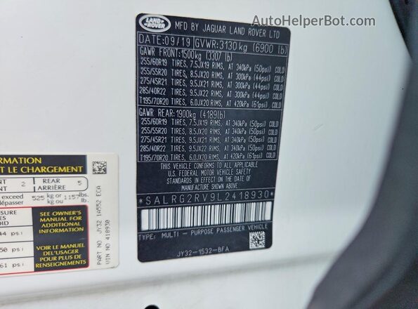SALRG2RV9L2418930 2020 LAND ROVER DISCOVERY Белый Вид наклейки с VIN-кодом