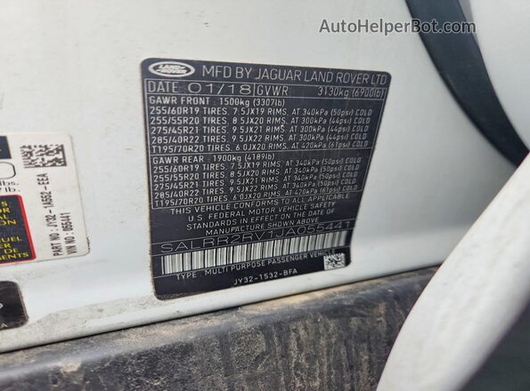 SALRR2RV1JA055441 2018 LAND ROVER DISCOVERY Белый Вид наклейки с VIN-кодом