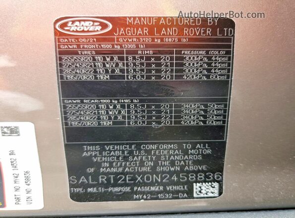 SALRT2EX0N2458836 2022 LAND ROVER DISCOVERY Tan Вид наклейки з VIN-кодом