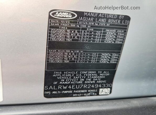 SALRW4EU7R2494330 2024 LAND ROVER DISCOVERY Серебряный Панорамный вид салона 360°