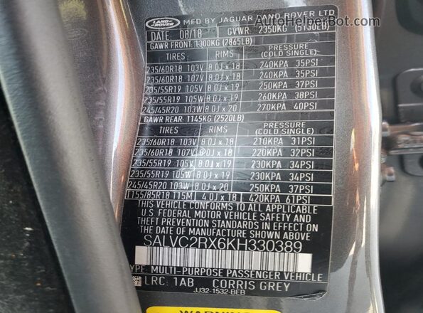 SALVC2RX6KH330389 2019 LAND ROVER RANGE Gray Widok komory silnika