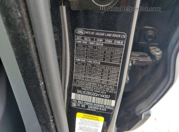 SALVD2BG3GH144307 2016 LAND ROVER RANGE Черный Вид наклейки с VIN-кодом