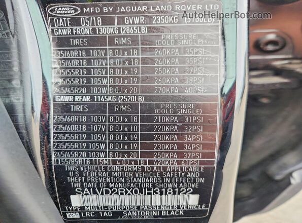 SALVD2RX0JH318122 2018 LAND ROVER RANGE Черный Вид наклейки с VIN-кодом