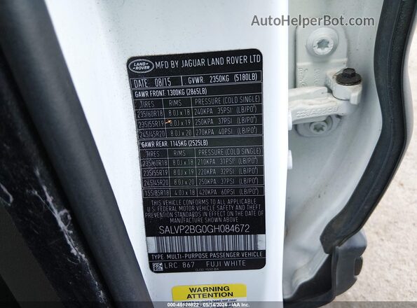 SALVP2BG0GH084672 2016 LAND ROVER RANGE ROVER EVOQUE White ძრავის განყოფილების ხედი