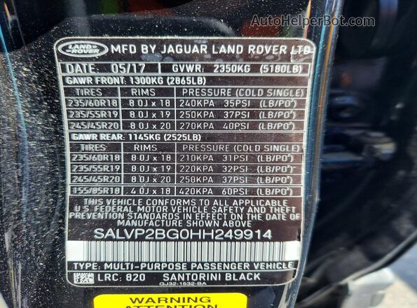 SALVP2BG0HH249914 2017 LAND ROVER RANGE Black Vista del compartimento del motor