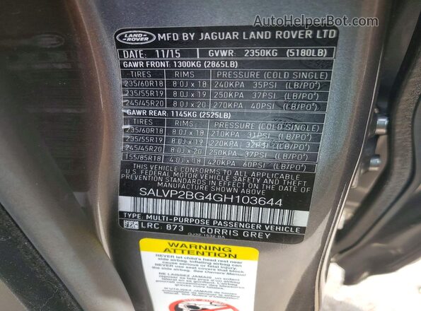 SALVP2BG4GH103644 2016 LAND ROVER RANGE Серый Вид наклейки с VIN-кодом