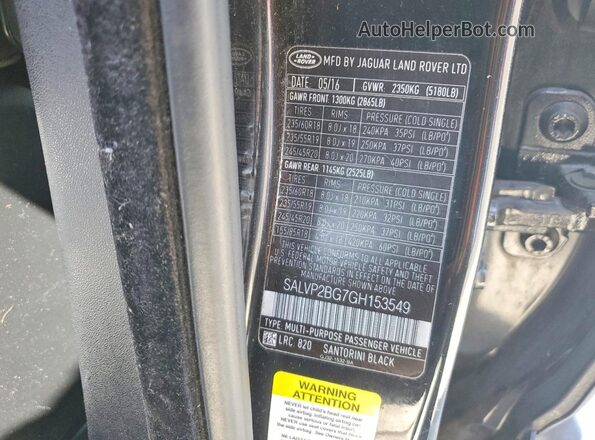 SALVP2BG7GH153549 2016 LAND ROVER RANGE Черный Вид наклейки с VIN-кодом