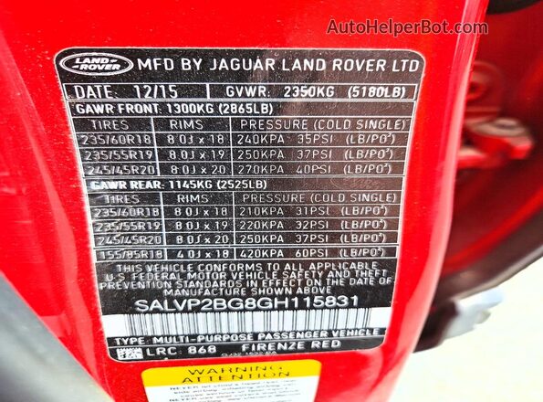SALVP2BG8GH115831 2016 LAND ROVER RANGE Красный Вид наклейки с VIN-кодом