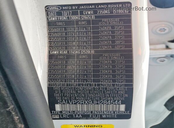 SALVP2RX9JH284544 2018 LAND ROVER RANGE Белый Вид подкапотного пространства