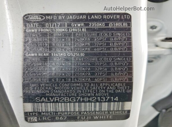 SALVR2BG7HH213714 2017 LAND ROVER RANGE White Widok naklejki z numerem VIN