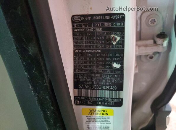 SALVR2BG8GH080489 2016 LAND ROVER RANGE White Панорамний вид салону 360°