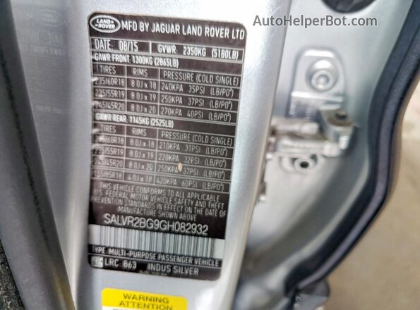 SALVR2BG9GH082932 2016 LAND ROVER RANGE Silver Widok naklejki z numerem VIN