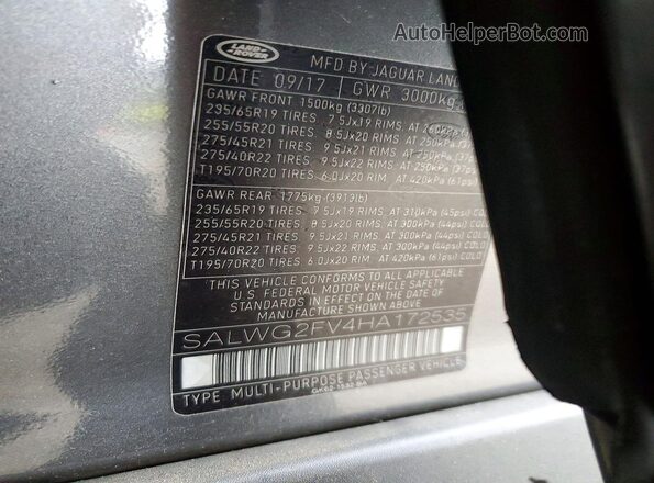 SALWG2FV4HA172535 2017 LAND ROVER RANGE Серый Панорамный вид салона 360°