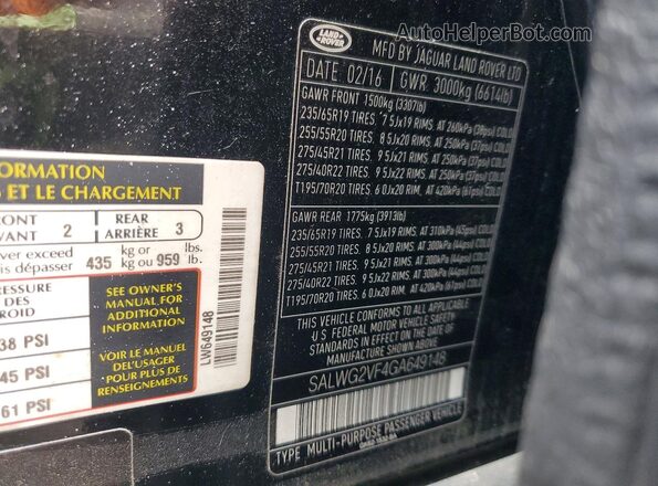 SALWG2VF4GA649148 2016 LAND ROVER RANGE Черный Вид подкапотного пространства