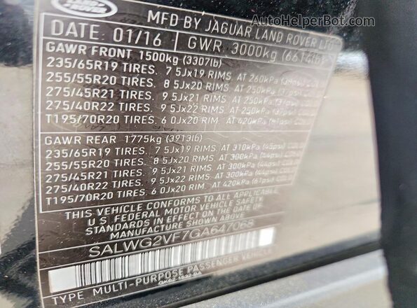 SALWG2VF7GA647068 2016 LAND ROVER RANGE Black VIN կոդի պիտակի տեսք