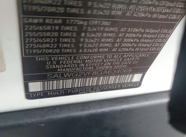 SALWG2VF8GA634068 2016 LAND ROVER RANGE White Widok naklejki z numerem VIN