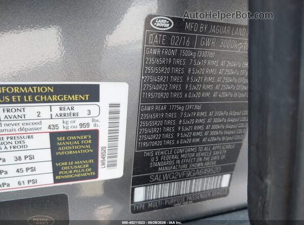 SALWG2VF9GA649520 2016 LAND ROVER RANGE ROVER SPORT Gray Вид підкапотного простору