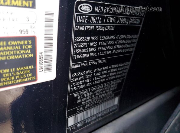 SALWR2EF4GA108594 2016 LAND ROVER RANGE Синий Вид наклейки с VIN-кодом