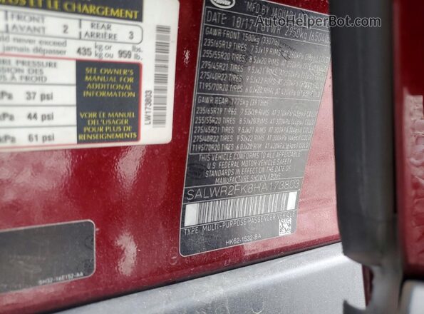 SALWR2FK8HA173803 2017 LAND ROVER RANGE Бордовый Вид наклейки с VIN-кодом
