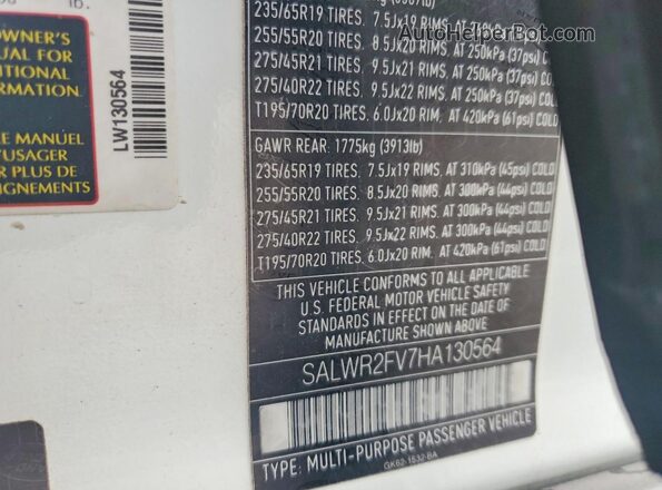 SALWR2FV7HA130564 2017 LAND ROVER RANGE White Vista de la etiqueta del VIN
