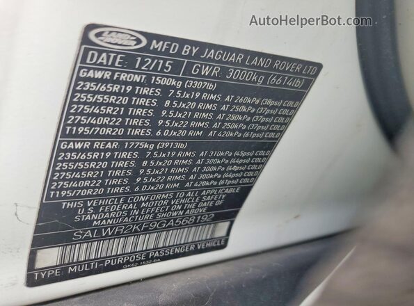 SALWR2KF9GA568192 2016 LAND ROVER RANGE Белый Вид наклейки с VIN-кодом