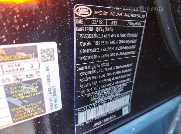 SALWR2RE7KA859957 2019 LAND ROVER RANGE Black Vista interior de 360 grados