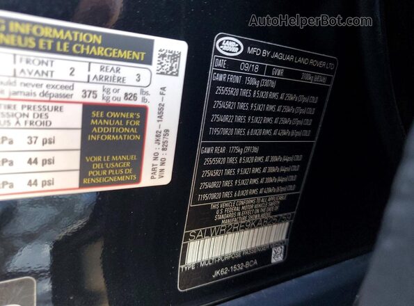 SALWR2RE9KA825759 2019 LAND ROVER ROVERSPORT Black Vista de la etiqueta del VIN