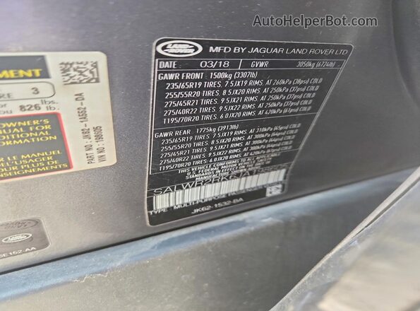 SALWR2RK6JA198605 2018 LAND ROVER RANGE Серый Вид наклейки с VIN-кодом