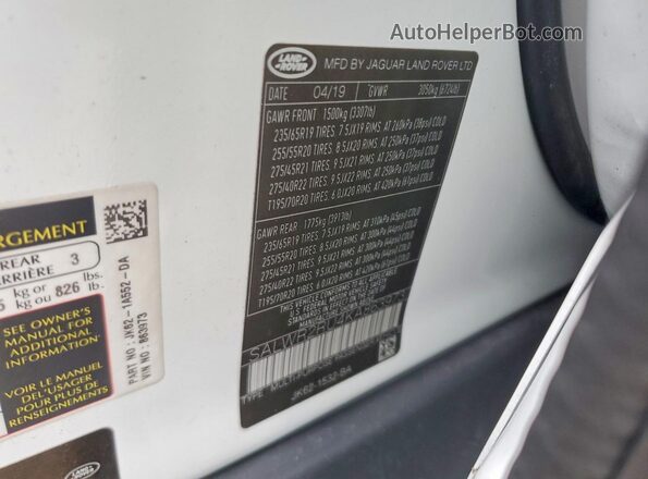 SALWR2RU4KA863973 2019 LAND ROVER RANGE Белый Панорамный вид салона 360°