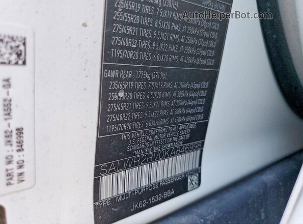 SALWR2RV0KA846998 2019 LAND ROVER RANGE Белый Вид наклейки с VIN-кодом