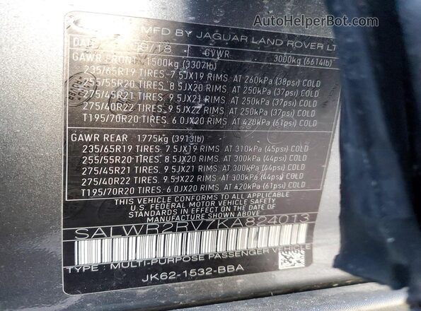 SALWR2RV7KA824013 2019 LAND ROVER RANGE Gray Widok naklejki z numerem VIN