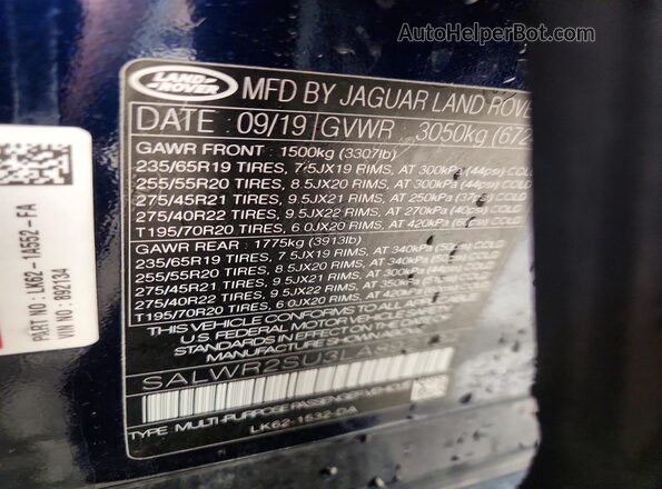SALWR2SU3LA892134 2020 LAND ROVER RANGE Blue Widok naklejki z numerem VIN