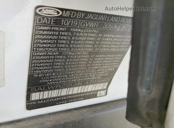 SALWR2SU4LA703863 2020 LAND ROVER RANGE Белый Вид наклейки с VIN-кодом