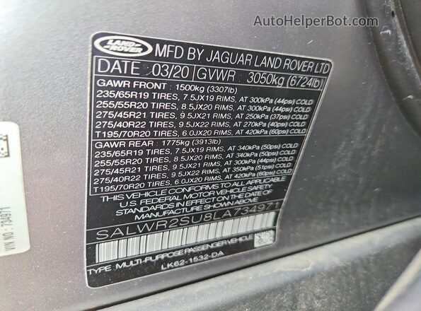 SALWR2SU8LA734971 2020 LAND ROVER RANGE Серый Вид наклейки с VIN-кодом