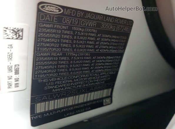 SALWR2SUXLA886573 2020 LAND ROVER RANGE Белый Панорамный вид салона 360°
