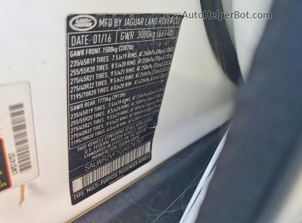 SALWR2VF1GA574757 2016 LAND ROVER RANGE White Вид наклейки з VIN-кодом