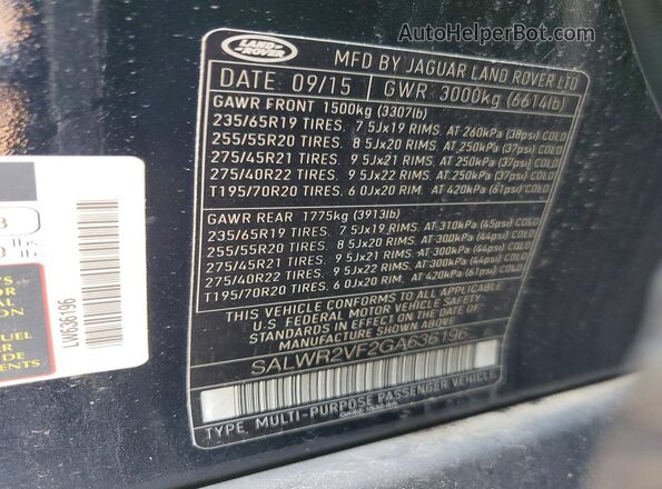 SALWR2VF2GA636196 2016 LAND ROVER RANGE Синий Панорамный вид салона 360°