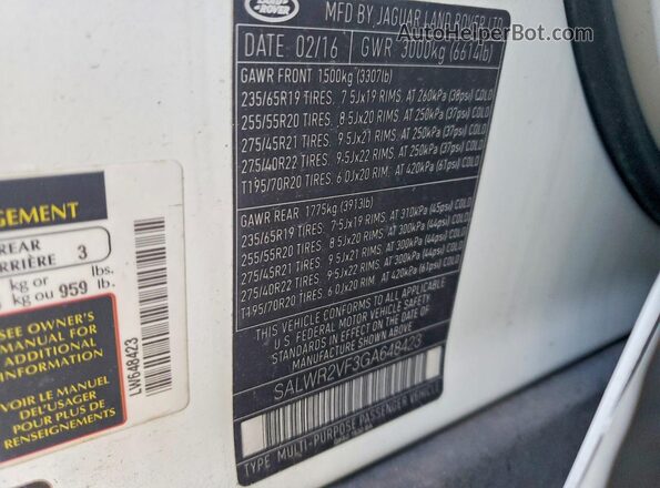 SALWR2VF3GA648423 2016 LAND ROVER RANGE Белый Вид наклейки с VIN-кодом