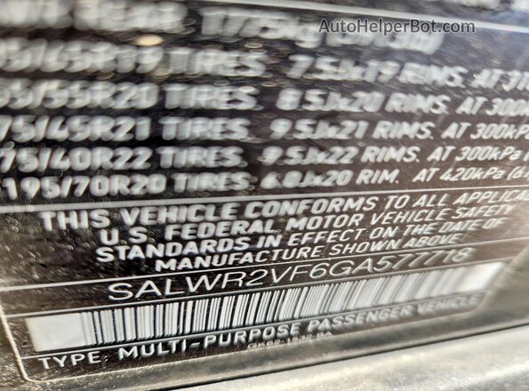 SALWR2VF6GA577718 2016 LAND ROVER RANGE Black VIN կոդի պիտակի տեսք