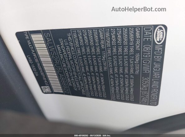 SALWS2RU5LA888922 2020 LAND ROVER RANGE ROVER SPORT White Widok komory silnika